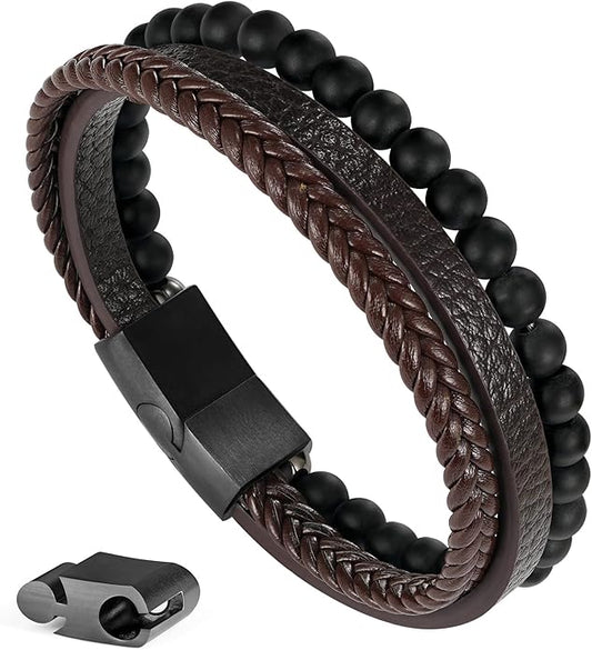 Gifts for Men - Layered Leather Beads Bracelet, Tiger Eye Lava Rock Stone Braided Leather Bracelets for Men Adjustable Magnetic Clasp Birthday Gifts
