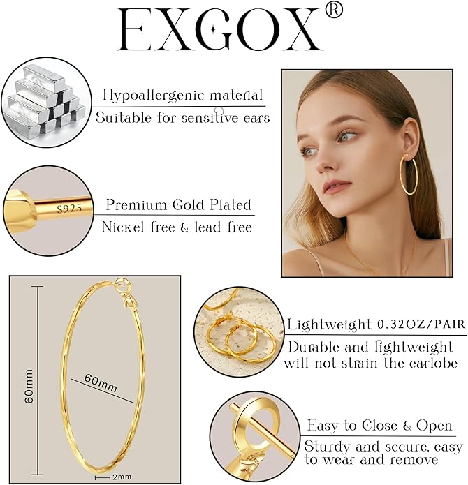 2MM Thin Gold Hoop Earrings Sterling Silver Post Hoop Earrings For Women Diamond-Cut Gold Hoops Earrings 14K Gold Plated Hoops Earrings Lightweight Hypoallergenic Oversize Gold Earrings For Women