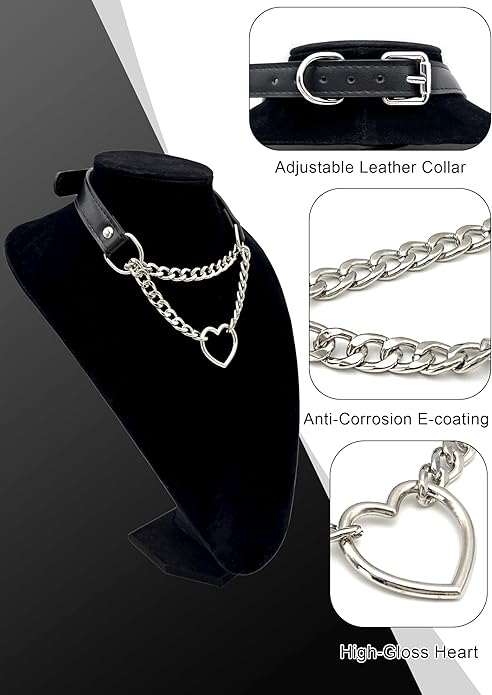 Black Leather Choker Collar For Women, Handmade Heart Slip Chain Choker Long Necklace with Adjustable Buckle
