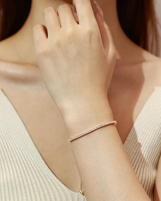 FANCIME Gold Moissanite Tennis Bracelet 1.2ct-12ct Lab Created Moissanite Diamond Bracelets,925 Sterling Silver Adjustable Bolo Tennis Bracelets, 2/3/4/5mm D Color VVS1 Round Cut Moissanite Bracelet for Women