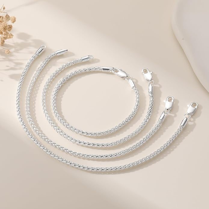S925 Sterling Silver Bracelet for Women,3mm Wheat Sterling Silver Link Chain Bracelet for Women Jewelry Gift