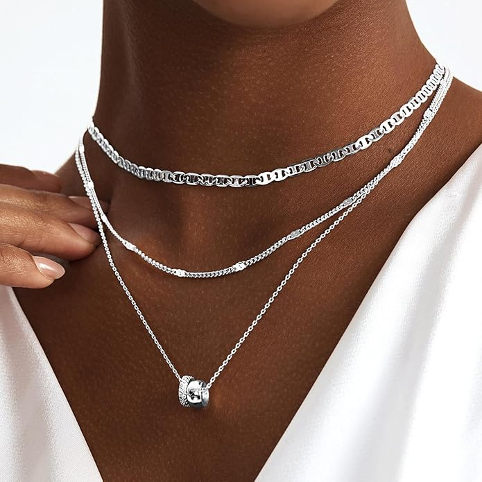OGD Layered CZ Rondelle Pendant Necklaces for Women, 14K Gold Plated Trendy Mariner Chain Dainty Circle Rondelle Pendant Choker Necklace for Women Two-Toned Cubic Zirconia Gold Necklace