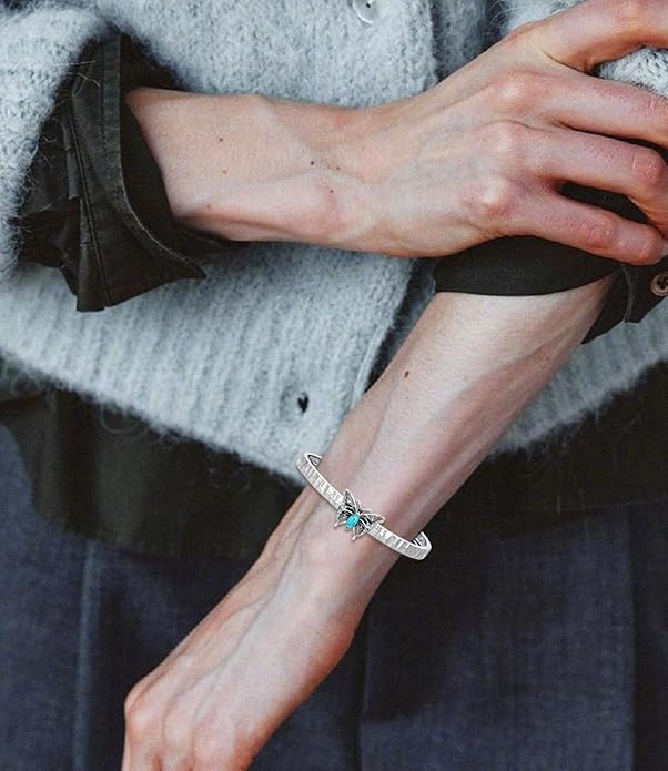 Genuine Turquoise Butterfly Bracelet, Sterling Silver Native American Adjustable Boho Bangle Cuff Jewelry for Women, Fit for 6.5 7 7.5 Inches