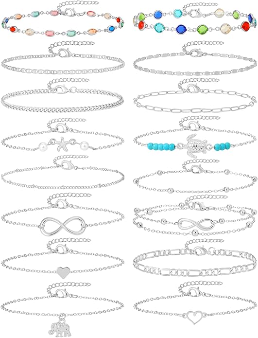 Starain 12Pcs Summer Beach Anklets for Women Waterproof Gold Silver Chain Ankle Bracelets Cute Women's Foot Anklet Set 7.9-10.5 inch Adjustable