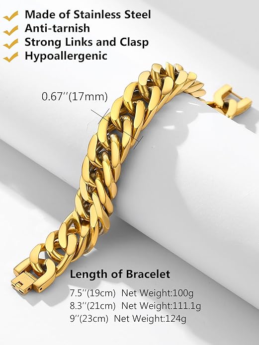 8/12/17mm Wide Cuban Link Bracelet for Men Father Gift 18K Gold/Black Plated Stainless Steel Bracelets 7.4-9 Inches(Gift Wrapped)