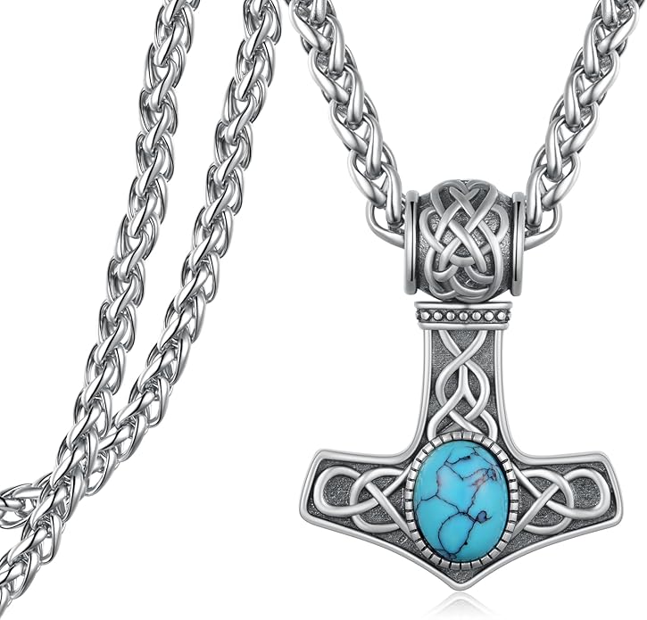 Thor's Hammer Necklace 925 Sterling Silver Viking Thor Hammer Necklace with Turquoise Norse Mjolnir Pendant Viking Jewelry Gifts for Men