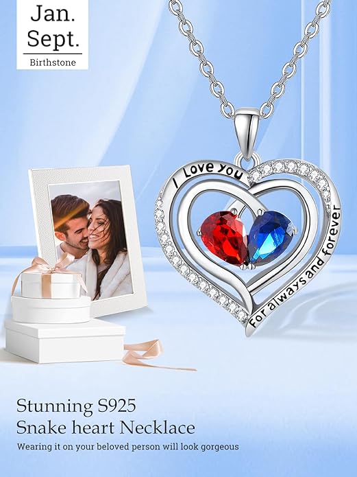 Zeuslia Double Birthstone Necklace Gifts for Wife - 925 Sterling Silver Sunflower/Rose/Crown Cross/Compass/Heart Pendant I Love You Necklace, Anniversary Birthday Gifts for Wife Girlfriend Mom Her