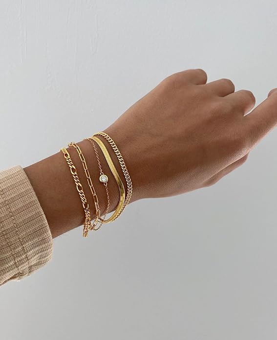 DEARMAY Waterproof Gold Plated Bracelets Set for Women Trendy, Dainty 14K Gold Jewelry Fashion Stackable Tennis Beaded Figaro Herringbone Paperclip Link Bracelet Pack Stack Gifts for Women