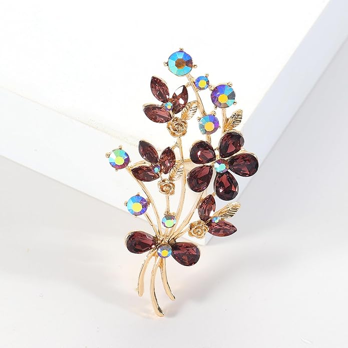 YOQUCOL Red Colour Zircon Crystal Poppy Flower Bouquet Shape Brooch Pins for Woman Gift