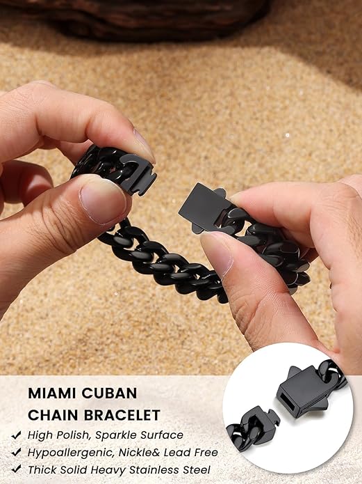 Bestyle Thick Mens Cuban Link Chain Bracelets, Durable Real 18K Gold/Black Metal Plated Solid Stainless Steel Hand Chain Cuban Bracelets for Men, Silver Black Gold Bracelets for Father Husband