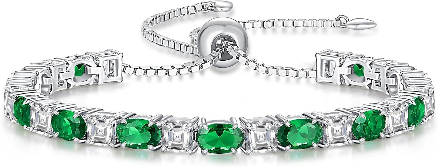 Sterling Silver Birthstone Bracelets for Women White Gold Tennis Bracelets Adjustable Chain 6-9 Inchs Jewelry Hypoallergenic Anniversary Birthday Gifts for Women Mom Wife Her