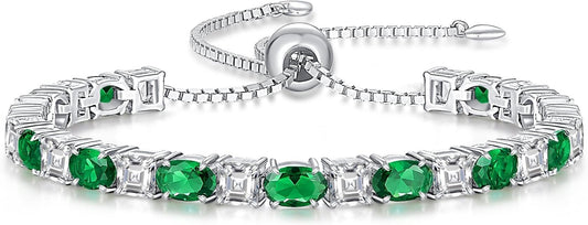 Sterling Silver Birthstone Bracelets for Women White Gold Tennis Bracelets Adjustable Chain 6-9 Inchs Jewelry Hypoallergenic Anniversary Birthday Gifts for Women Mom Wife Her