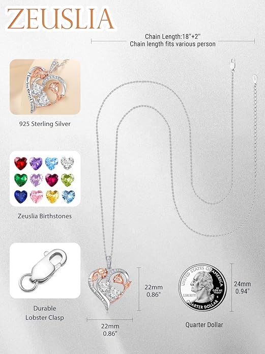 Zeuslia Double Birthstone Necklace Gifts for Wife - 925 Sterling Silver Sunflower/Rose/Crown Cross/Compass/Heart Pendant I Love You Necklace, Anniversary Birthday Gifts for Wife Girlfriend Mom Her