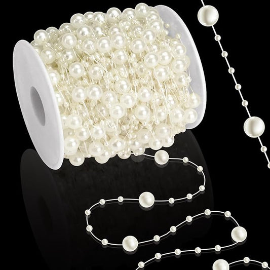 Towenm 99 Feet Fishing Line Artifical Pearl Strings for Crafting, Faux Pearl Garland Strands for Floating Candle Vases Filler Wedding Centerpiece Bouquet Christmas Tree Party Decoration, Ivory