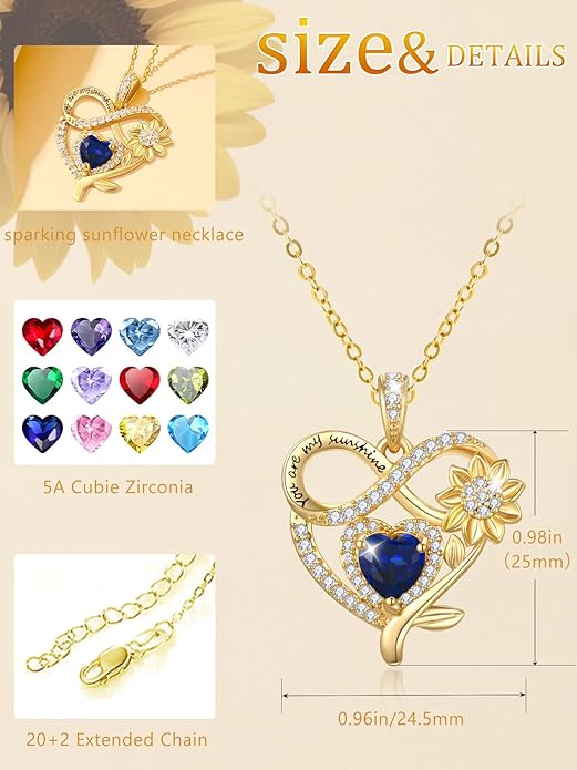 14K Gold Sunflower Heart Necklace for Women, You Are My Sunshine Jewelry with Birthstone Pendant, Anniversary Birthday Gifts for Her Wife Mom Grandma Daughter