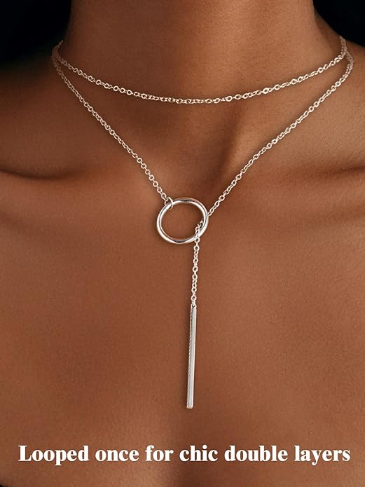 FOCALOOK Long Necklaces for Women 14K Gold Plated Dainty Drop Bar Pendant Lariat Y-Shaped Necklace Earring Set 28inch/73cm