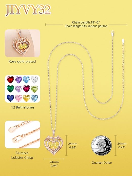 JIYVY32 Rose Heart Necklace for Women Exquisite 925 Sterling Silver Anniversary Birthday Gifts for Wife Mom Her Double Birthstone Pendant Jewelry