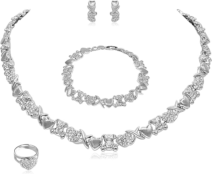 Gold Jewelry Sets for Women 18K Gold/Silver Filled Jewelry Necklace Set Wedding Bridal Fashion Jewelry Sets Women Accessories Bracelets Earrings and Rings Sweetheart Gifts