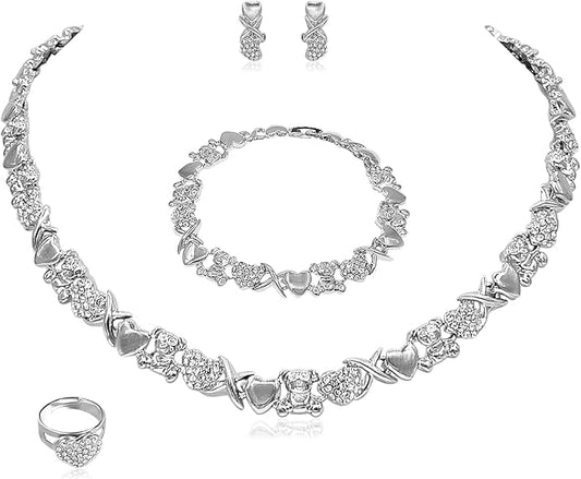 Gold Jewelry Sets for Women 18K Gold/Silver Filled Jewelry Necklace Set Wedding Bridal Fashion Jewelry Sets Women Accessories Bracelets Earrings and Rings Sweetheart Gifts