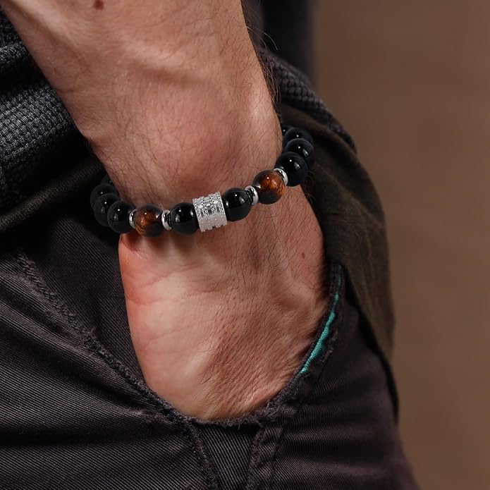 Hamoery Bracelets for Men Natural Tiger Eye Stone Beads Braided Rope Bracelet Gift for Dad Husband