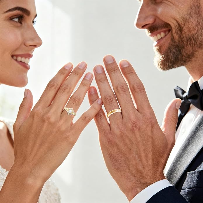 Rikelus Moissanite Engagement Ring Sets for Couples,10K 14K 18K Solid Gold Heart/Princess/Round Cut Bridal Ring Sets,Customized Matching Wedding Bands Set for Men and Women Free Engraving