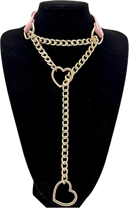 Black Leather Choker Collar For Women, Handmade Heart Slip Chain Choker Long Necklace with Adjustable Buckle