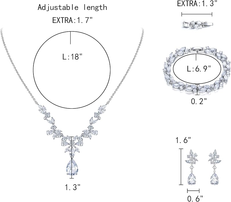 EleQueen Women's Wedding Bridal Jewelry Set for Brides Bridesmaids, Silver/14K Gold/Rose Gold Plated Cubic Zirconia Teardrop Necklace Dangle Earrings Bracelet Sets for Party Prom