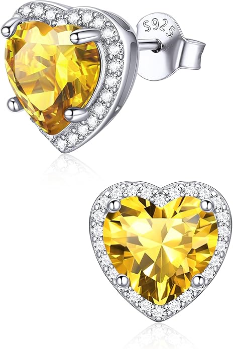 ChicSilver 925 Sterling Silver Birthstone Earrings for Women, 8MM/2 Carat Heart & Round Cubic Zirconia Stud Earrings, Hypoallergenic Jewelry, Ideal Birthday or Christmas Gifts