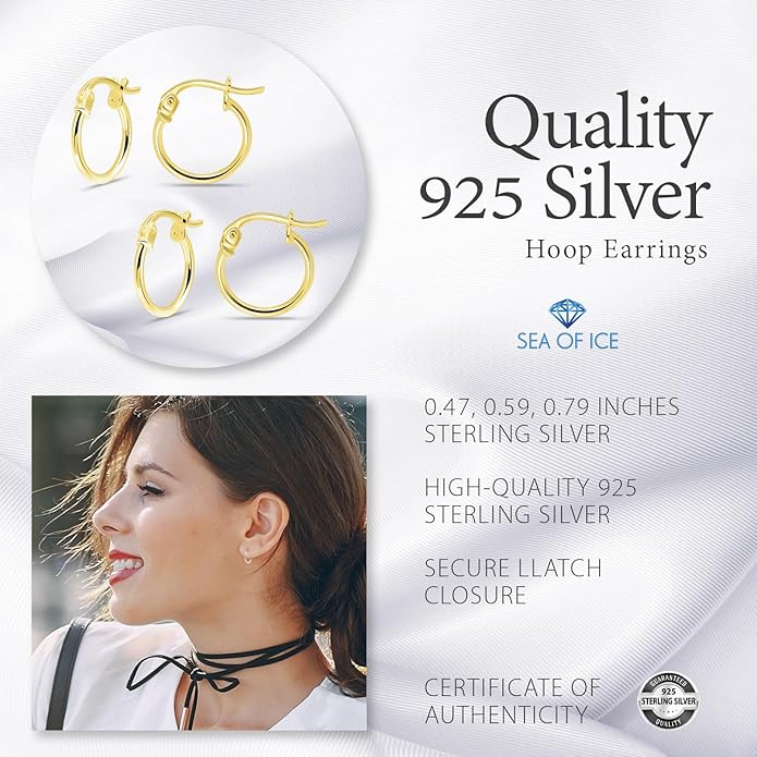 SEA OF ICE 925 Sterling Silver Hoop Earrings for Women - Hypoallergenic Earrings for Women in Sterling Silver, Yellow Gold, Rose Gold or Black Rhodium | Sizes 12MM, 15MM, 20MM or Multipack