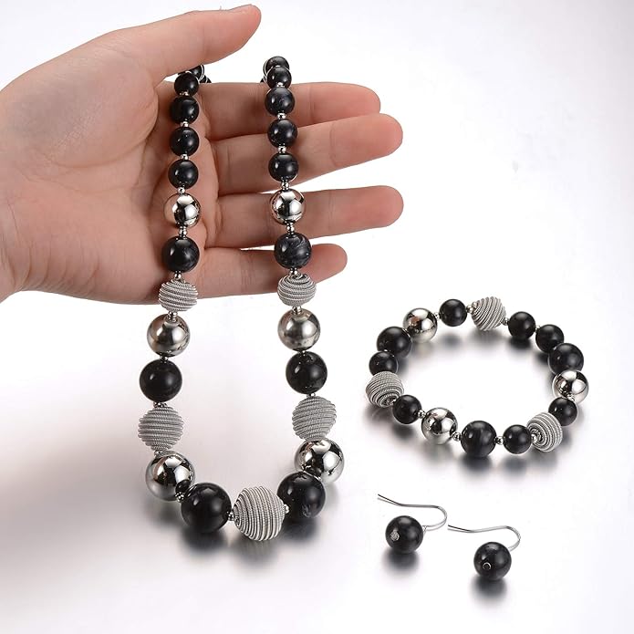 PEARL&CLUB Beaded Chunky Statement Necklace Earring and Bracelet Set Silver Metal Bead Fashion Jewelry Set Mothers’ Day Gifts for Women