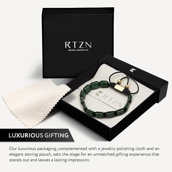 RTZN Jade Bracelet for Men – Premium Artisan Handcrafted Authentic Dark Green Jade Bracelet – 8MM Beaded Stone Mens Jade Bracelets