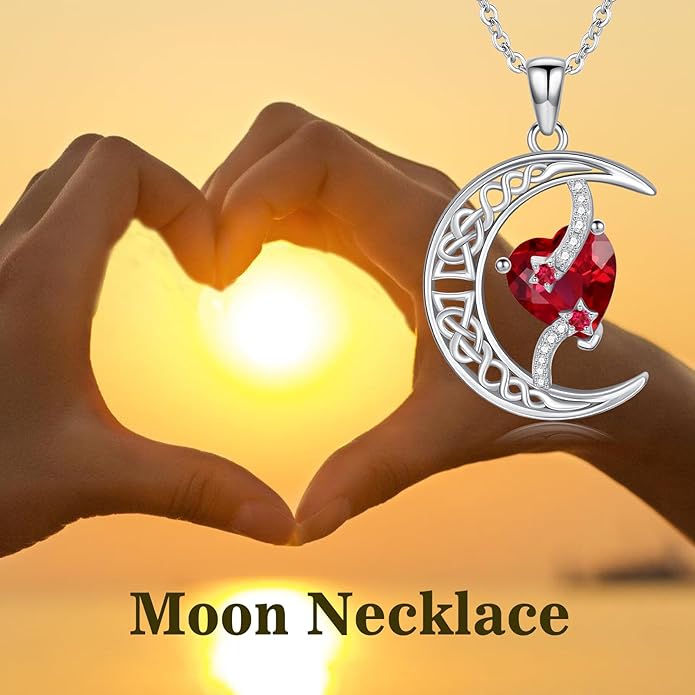 TOUPOP Moon and Star Birthstone Necklace for Women 925 Sterling Silver Celtic Moon Jewelry Birthday Christmas Gifts for Her Girlfriend
