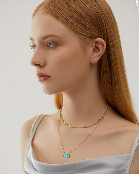 Lourny Gemstone Birthstone Pendant Layered Necklace for Women Trendy, 18K Gold Plated Paperclip Chain Preppy Choker Charm Necklace for Women Wife Jewelry