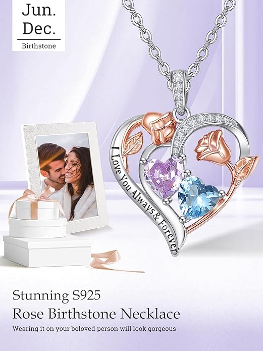 Zeuslia Double Birthstone Necklace Gifts for Wife - 925 Sterling Silver Sunflower/Rose/Crown Cross/Compass/Heart Pendant I Love You Necklace, Anniversary Birthday Gifts for Wife Girlfriend Mom Her