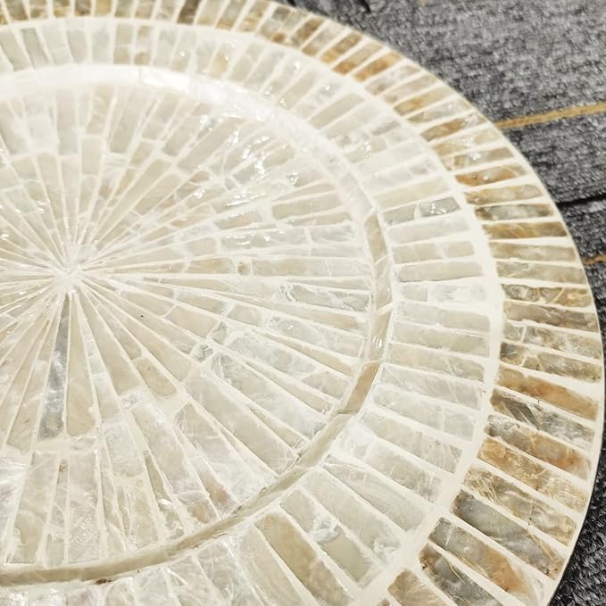 i-lan 13Inch 2 Pack Mother Of Pearl Decorative Plates for Display, Sea Shell Inlay Wood Charger Plates for Dining, Party, Modern and Rustic Decoration Placemats for Dinner Plates,Champagne Gold