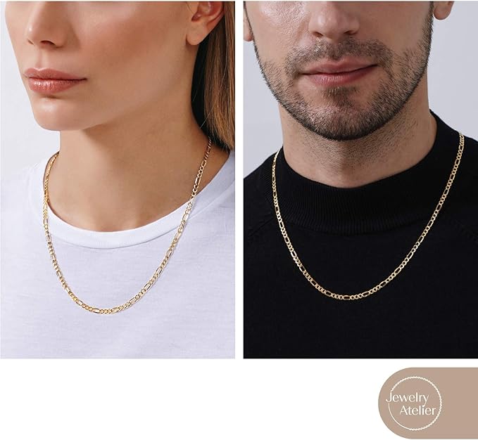 Jewelry Atelier Gold Chain Necklace Collection - 14K Solid Yellow Gold Filled Figaro Chain Necklaces for Women and Men with Different Sizes (2.8mm, 3.7mm, 4.7mm, 5.6mm)