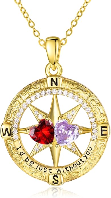 Zeuslia Double Birthstone Necklace Gifts for Wife - 925 Sterling Silver Sunflower/Rose/Crown Cross/Compass/Heart Pendant I Love You Necklace, Anniversary Birthday Gifts for Wife Girlfriend Mom Her