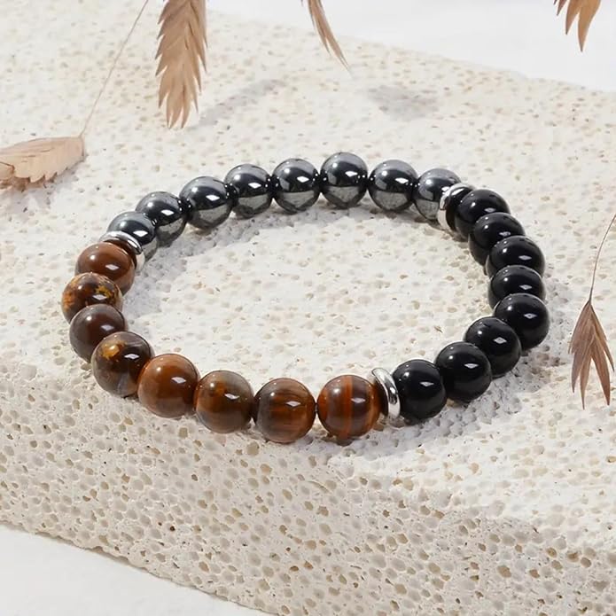 Energy Mens Beaded Bracelets,Triple Protection Bracelet for Men,Made of Three Kinds of 8mm Beads (Black Obsidian Hematite Tiger Eye Beaded), Personalized Gifts for Men