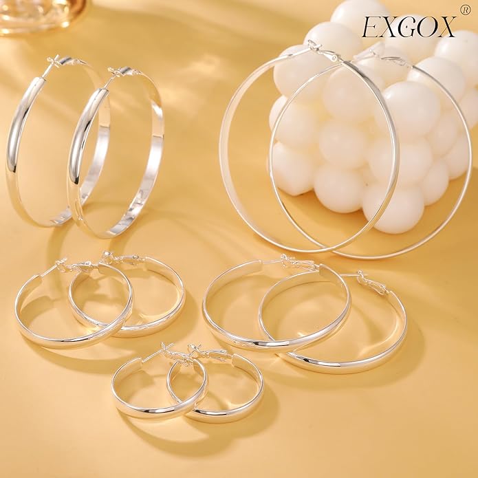 EXGOX 5mm Wide Gold Hoop Earrings for Women,Sterling Silver Hoop Earrings Large Silver Hoop Earrings Hypoallergenic Lightweight 14K Real Gold Plated Big Hoop Earrings for Women 30/40/50/60/70mm