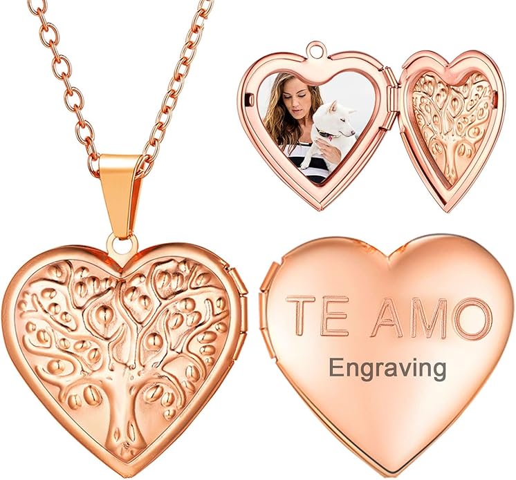 U7 Women Locket Necklace Platinum 14K Gold Photo Lockets that Hold Picture,Chain 20 Inch Personalized Gift Custom Love Heart Image Necklaces