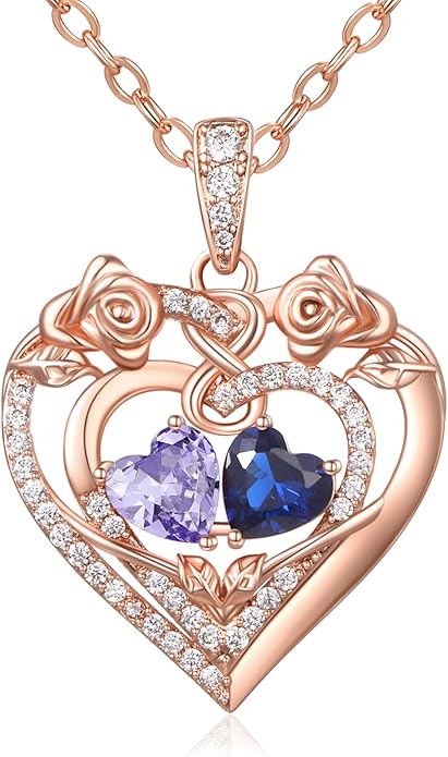 JIYVY32 Rose Heart Necklace for Women Exquisite 925 Sterling Silver Anniversary Birthday Gifts for Wife Mom Her Double Birthstone Pendant Jewelry