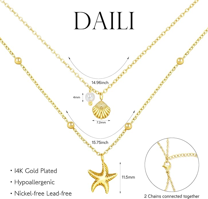 Shell Necklace for Women,14k Gold Plated Layered Starfish Conch SeaShell Pearl Pendant Charm Necklace,Non Tarnish Adjustable Stainless Steel Chain Stack Jewerly for Summer Beach Vacation