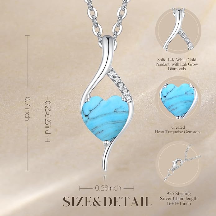 FANCIME 14K Solid White Gold Birthstone Necklace Genuine or Created 6mm Heart Gemstone Pendant with Lab Grow Diamonds Sterling Silver Chain Fine Jewelry Anniversary Birthday Gifts for Women 16" + 2"
