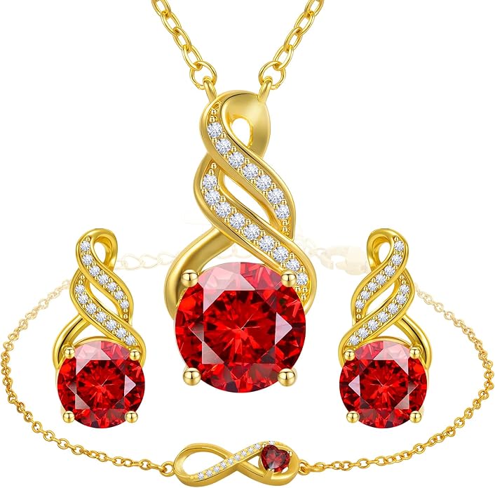HNPHQT Jewelry Sets for Women-18K Gold Plated Dainty Birthstone Pendant,Trendy Necklace Earrings Infinity Bracelets Set,Ideal Jewelry Gifts for Her Mom