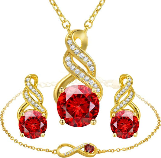 HNPHQT Jewelry Sets for Women-18K Gold Plated Dainty Birthstone Pendant,Trendy Necklace Earrings Infinity Bracelets Set,Ideal Jewelry Gifts for Her Mom