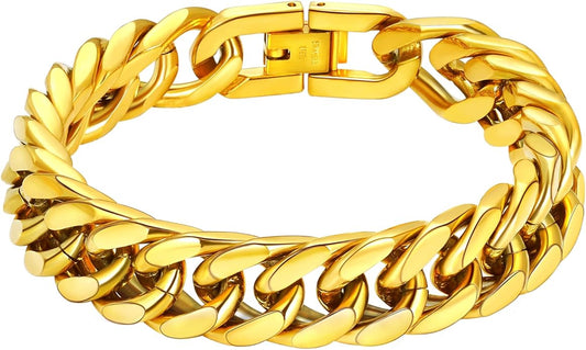 8/12/17mm Wide Cuban Link Bracelet for Men Father Gift 18K Gold/Black Plated Stainless Steel Bracelets 7.4-9 Inches(Gift Wrapped)