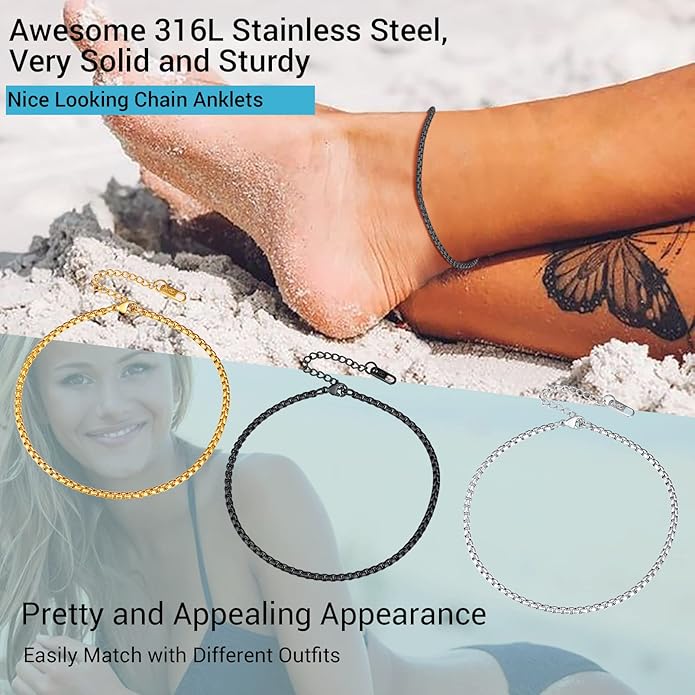 PROSTEEL Stainless Steel Chain Anklets for Women, Silver/Gold Tone, Ankle Bracelets Hypoallergenic, 8-10.5 Inch Adjustable, Come with Box