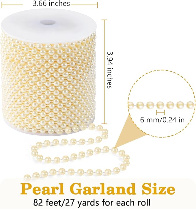 82 Feet Faux Pearl Garland, 6mm Pearl String Roll Strands, Extended String of Pearls Garland for Christmas Tree Wedding Party Decoration Centerpieces Flowers DIY Crafts (Ivory)