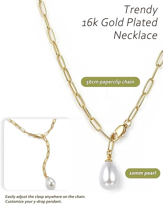 UBGICIG Honeycomb Layered Pendant Necklaces for Women Stackable, Dainty Y-Shaped Lariat Paperclip Pearl Heart Necklace, 16K Gold Silver Plated Long Necklaces Women's Trendy Drop Chain Necklace Jewelry