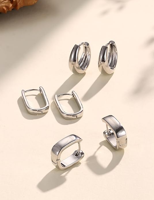 Florideco 3Pairs Chunky Gold Earrings Set 14K Gold Plated Hoop Earrings for Women Trendy Small Thick Huggie Hoops Earring Lightweight Silver Hoop Earring Sets for Multiple Piercing